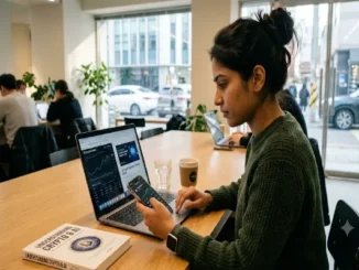 A young woman sitting at a wooden table in a brightly lit modern cafe or coworking space, researching AI cryptocurrency. She is looking at data charts on her laptop screen while holding a smartphone displaying a crypto tracking app. A book titled "Understanding Crypto & AI" rests on the table next to her laptop.