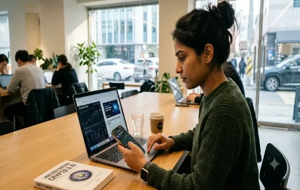 A young woman sitting at a wooden table in a brightly lit modern cafe or coworking space, researching AI cryptocurrency. She is looking at data charts on her laptop screen while holding a smartphone displaying a crypto tracking app. A book titled "Understanding Crypto & AI" rests on the table next to her laptop.