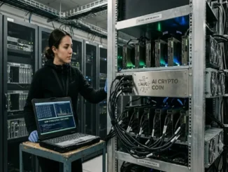 A woman technician in a data center monitoring an AI crypto coin mining server rack with a laptop showing "Node Status: Active | Token Mining."