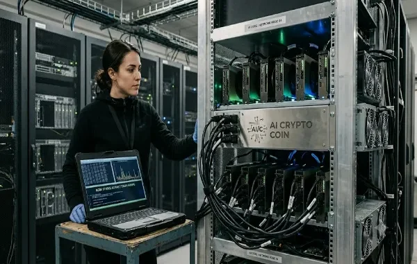 A woman technician in a data center monitoring an AI crypto coin mining server rack with a laptop showing "Node Status: Active | Token Mining."
