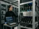 A woman technician in a data center monitoring an AI crypto coin mining server rack with a laptop showing "Node Status: Active | Token Mining."