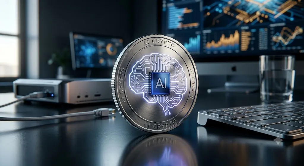 A metallic physical AI crypto coin engraved with a glowing digital brain and microchip, standing upright on a desk next to a keyboard with data charts blurred in the background.