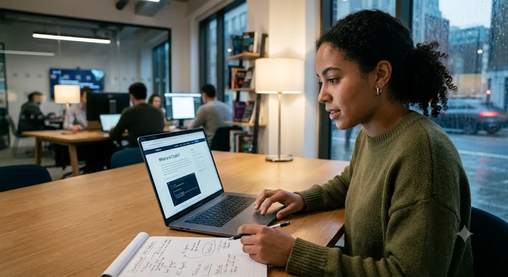 A young woman sitting at a wooden desk in a modern co-working space, focused on her laptop screen which displays an article titled "What Is AI Crypto?". She is taking handwritten notes on a notepad, with other professionals working at desks in the blurred background.