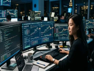 A female software developer or trader monitors multiple computer screens displaying real-time cryptocurrency charts, code lines, and an autonomous AI trading agent dashboard in a dimly lit high-tech office at night.