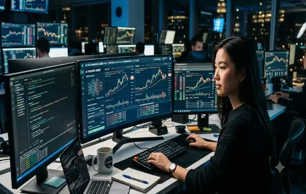 A female software developer or trader monitors multiple computer screens displaying real-time cryptocurrency charts, code lines, and an autonomous AI trading agent dashboard in a dimly lit high-tech office at night.