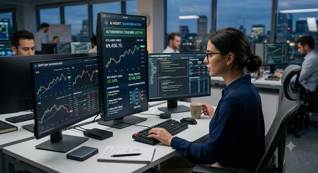 A female cryptocurrency analyst sitting at a modern desk in a tech office, monitoring multiple vertical and horizontal computer screens. The displays show real-time "Crypto Bot Dashboard 2026" metrics, automated trading data for Bitcoin (BTC), Ethereum (ETH), and Solana (SOL), live candlestick charts, and machine learning neural network diagrams indicating an active AI trading agent. Other team members work at desks in the background against a large window overlooking a city skyline at dusk.