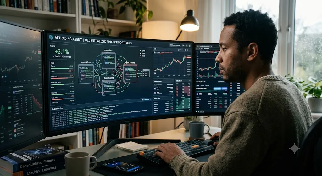 A realistic photograph of a man working at a multi-monitor desk setup, focusing on a large curved screen displaying an "AI Trading Agent | Decentralized Finance Portfolio" dashboard. The screen shows complex neural network diagrams mapping "Agent Alpha," "Agent Beta," and "Agent Gamma," alongside real-time crypto price charts, automated logs, and risk analysis metrics. On his desk are textbooks titled "Decentralized Finance" and "Machine Learning," a mechanical keyboard, a smartphone, and a coffee mug in a softly lit home office setting.