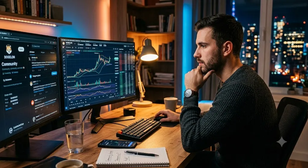 A realistic, wide-angle photograph of a young man with a beard and a dark sweater sitting at a wooden desk in a modern apartment at night. He is looking intently at a dual-monitor computer setup. One screen displays a cryptocurrency trading chart with candlestick graphs, while the other shows social media feeds and community metrics for a token named "DOGELON." The desk is lit by a warm desk lamp and includes a mechanical keyboard, a smartphone, a glass of water, and a notepad with scribbled notes. Through a window in the background, a blurred city skyline is visible at night.