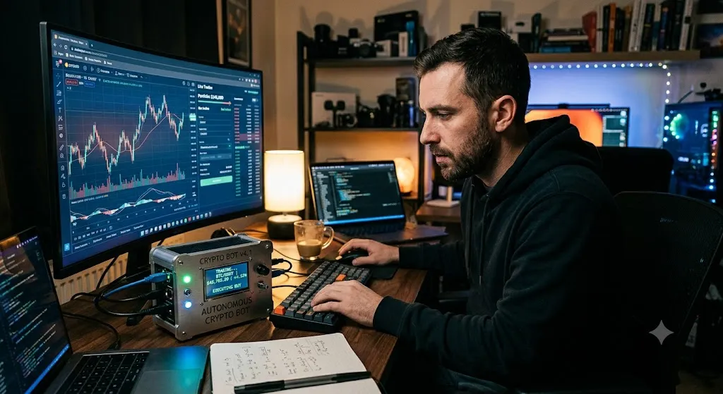 A realistic, wide-angle photograph of a male software developer sitting at a dimly lit wooden desk, monitoring an autonomous crypto bot. The setup features a prominent desktop monitor displaying complex cryptocurrency candlestick charts and market data. Next to the keyboard rests a custom, metallic hardware device labeled "AUTONOMOUS CRYPTO BOT v4.1" with a glowing LCD screen executing a buy order. Laptops with lines of code, a notebook, and soft background lighting complete the tech-heavy workspace.