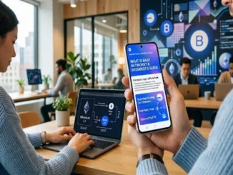 A person holding a smartphone displaying a guide titled 'What Is Base Network? A Beginner's Guide', next to a colleague working on a laptop showing an Ethereum L1 to Base L2 scaling diagram in a modern office.