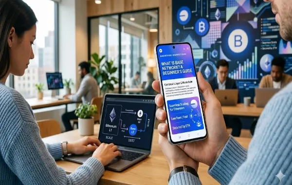 A person holding a smartphone displaying a guide titled 'What Is Base Network? A Beginner's Guide', next to a colleague working on a laptop showing an Ethereum L1 to Base L2 scaling diagram in a modern office.