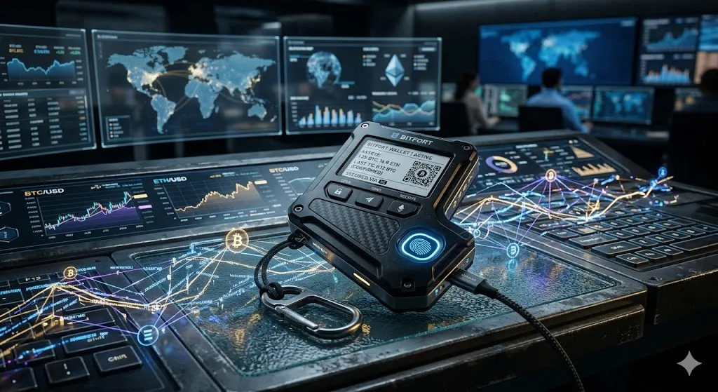 A close-up photograph of a rugged, carbon fiber "BITFORT" hardware crypto wallet on a desk in a digital monitoring control room. The wallet's screen displays account balances for BTC and ETH next to a QR code, while a fingerprint scanner glows blue. Holographic data lines showing Bitcoin and Ethereum symbols flow around the device.