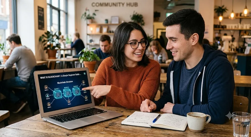Two people discussing blockchain structure on a laptop in a cafe.