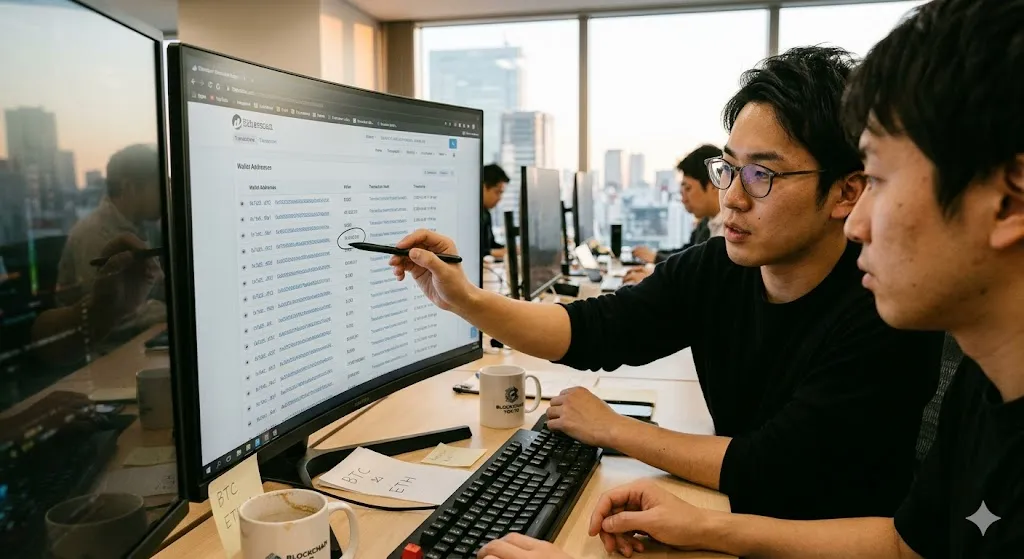 A realistic photograph of two East Asian men in a modern, sunlit office analyzing data on a computer monitor. One man wearing glasses points a stylus at a software interface displaying a long list of cryptocurrency wallet addresses, transaction hashes, and values. Sticky notes reading "BTC & ETH" sit on the desk alongside keyboards and coffee mugs, with a city skyline visible through the window in the background.