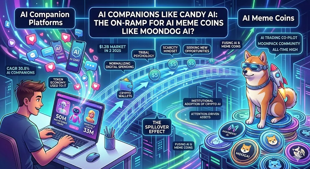 An infographic illustrating how AI companion platforms like Candy AI drive interest in AI meme coins like MoonDog AI, featuring a user on a laptop connecting to a Shiba Inu dog character with a rocket pack standing on MDOGAI crypto tokens.