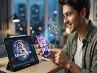 A smiling young man using a smartphone displaying an anime character from Candy AI, with a holographic MoonDog AI crypto coin floating above the screen next to a tablet showing a MoonDog AI trading chart.