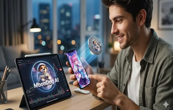 A smiling young man using a smartphone displaying an anime character from Candy AI, with a holographic MoonDog AI crypto coin floating above the screen next to a tablet showing a MoonDog AI trading chart.