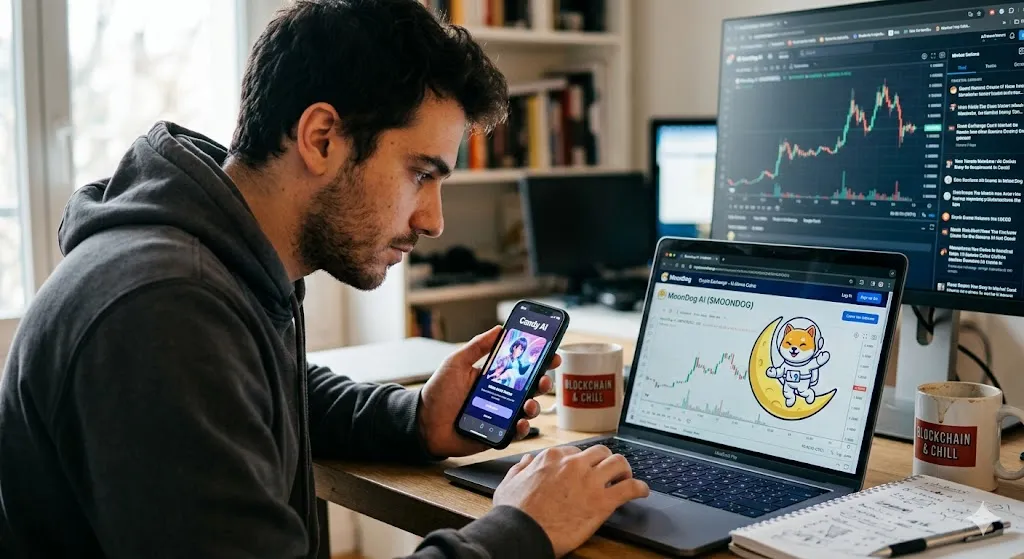 A young man sitting at a desk looking at a smartphone displaying the Candy AI interface, with a laptop open showing the MoonDog AI cryptocurrency trading chart and meme coin astronaut dog logo.