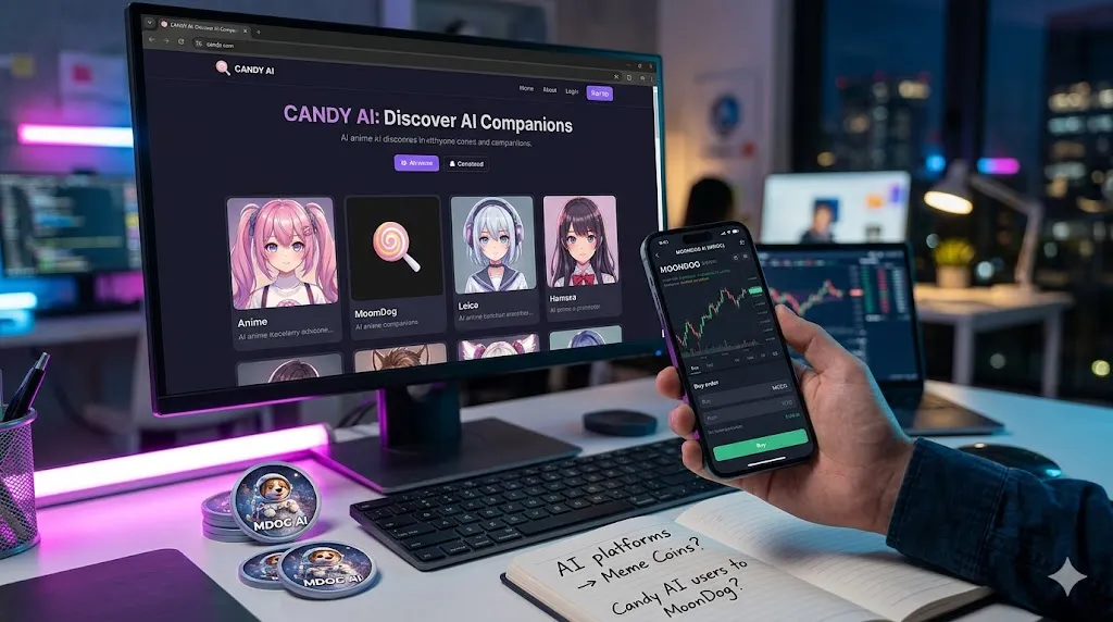 A computer monitor displaying the Candy AI platform alongside a hand holding a smartphone showing a MoonDog AI cryptocurrency trading chart.