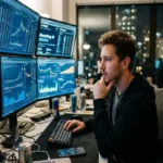 A male cryptocurrency trader sits thoughtfully at a dark desk with his hand on his chin, looking at a multi-monitor setup displaying complex financial charts, real-time market data, and the MoonDog AI ($MNDG) trading platform interface in a modern city office at night.