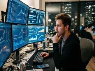 A male cryptocurrency trader sits thoughtfully at a dark desk with his hand on his chin, looking at a multi-monitor setup displaying complex financial charts, real-time market data, and the MoonDog AI ($MNDG) trading platform interface in a modern city office at night.