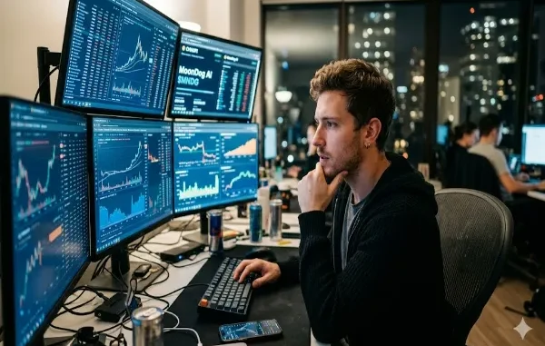 A male cryptocurrency trader sits thoughtfully at a dark desk with his hand on his chin, looking at a multi-monitor setup displaying complex financial charts, real-time market data, and the MoonDog AI ($MNDG) trading platform interface in a modern city office at night.