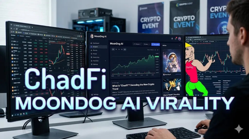A trader looking at multiple computer monitors displaying crypto charts and the MoonDog AI dashboard. The screen on the right shows a Chad meme illustration next to a price graph. Large overlay text reads "ChadFi MOONDOG AI VIRALITY" across the center of the image.