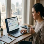 A woman smiling at a laptop screen displaying a "My 2026 Crypto Income" dashboard with staking, liquidity, and lending yields, sitting at a desk with a notebook and a "Crypto Life 2026" mug.