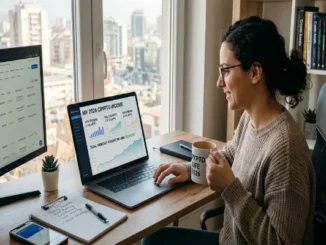 A woman smiling at a laptop screen displaying a "My 2026 Crypto Income" dashboard with staking, liquidity, and lending yields, sitting at a desk with a notebook and a "Crypto Life 2026" mug.