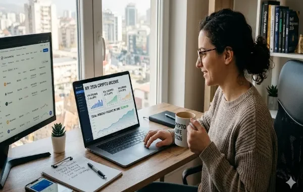 A woman smiling at a laptop screen displaying a "My 2026 Crypto Income" dashboard with staking, liquidity, and lending yields, sitting at a desk with a notebook and a "Crypto Life 2026" mug.