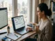 A woman smiling at a laptop screen displaying a "My 2026 Crypto Income" dashboard with staking, liquidity, and lending yields, sitting at a desk with a notebook and a "Crypto Life 2026" mug.
