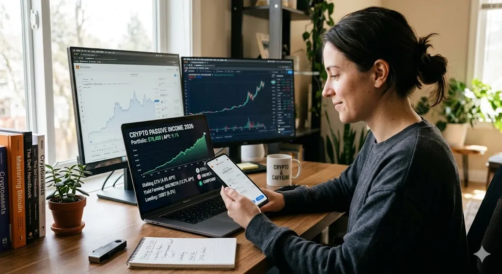 A woman at a desk tracking her 2026 crypto passive income portfolio on a laptop showing staking ETH, yield farming, and lending strategies next to dual monitor screens with trading charts.