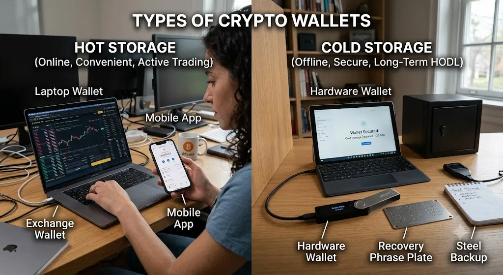 An educational split-screen image comparing "Hot Storage" and "Cold Storage" crypto wallets. The left side shows a person using a laptop and smartphone for online, active trading. The right side shows offline hardware wallets, a recovery phrase plate, and a small safe for secure, long-term storage.