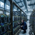 A technician wearing ear protection crouches in an aisle of a large cryptocurrency mining data center, inspecting rows of powerful computer rigs with cooling fans and heavy black and yellow cabling.
