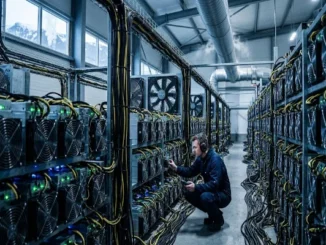 A technician wearing ear protection crouches in an aisle of a large cryptocurrency mining data center, inspecting rows of powerful computer rigs with cooling fans and heavy black and yellow cabling.