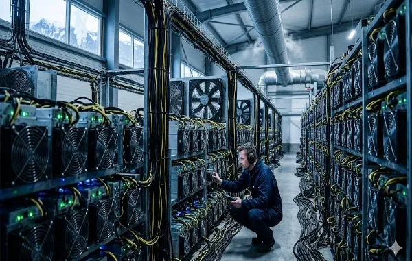A technician wearing ear protection crouches in an aisle of a large cryptocurrency mining data center, inspecting rows of powerful computer rigs with cooling fans and heavy black and yellow cabling.