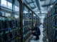 A technician wearing ear protection crouches in an aisle of a large cryptocurrency mining data center, inspecting rows of powerful computer rigs with cooling fans and heavy black and yellow cabling.