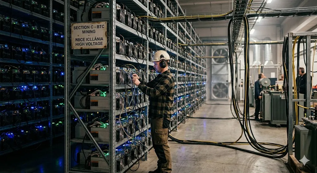 A technician wearing a hard hat and plaid shirt inspects cables on large industrial racks of Bitcoin mining hardware inside a high-voltage cryptocurrency mining facility.