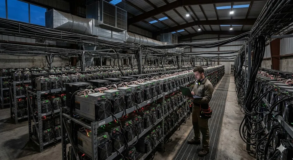 An technician monitoring rows of ASIC mining hardware rigs inside a large-scale cryptocurrency mining warehouse facility.