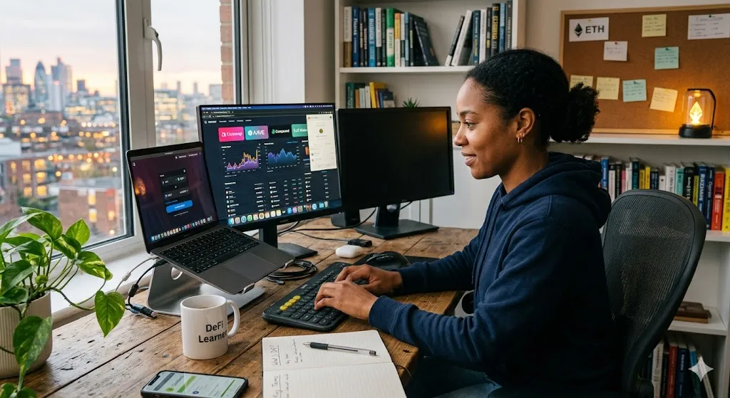 A woman sitting at a wooden desk, analyzing a decentralized finance (DeFi) dashboard with crypto charts on a computer monitor. A laptop, a "DeFi Learner" coffee mug, and a notebook are on the desk, with a city view through the window.