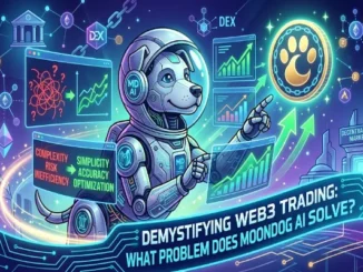 Futuristic robot dog astronaut representing MoonDog AI interacting with digital holographic screens to transform Web3 trading complexity, risk, and inefficiency into simplicity, accuracy, and optimization.