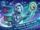 Futuristic robot dog astronaut representing MoonDog AI interacting with digital holographic screens to transform Web3 trading complexity, risk, and inefficiency into simplicity, accuracy, and optimization.