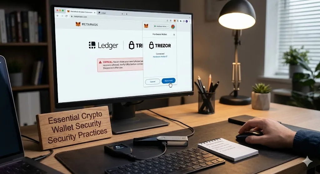 A photograph of a modern wooden office desk featuring a computer monitor displaying the MetaMask browser extension with Ledger and Trezor hardware wallet integration options. A physical Trezor device is plugged into the keyboard. On the desk is a wooden plaque engraved with the text, "Essential Crypto Wallet Security Practices." A hand is using a mouse, positioned to click a disconnect button on the screen, surrounded by other office accessories like a lamp and plant.