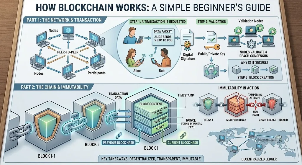 An educational infographic titled 'How Blockchain Works: A Simple Beginner's Guide'. It is divided into two sections. Part 1 shows a peer-to-peer network requesting a transaction (Alice sending BTC to Bob), validation by nodes using keys, and block creation. Part 2 illustrates the chain and immutability, showing blocks linked by hashes containing transaction data, timestamps, and nonces, alongside an example of a tampering attempt breaking the chain.
