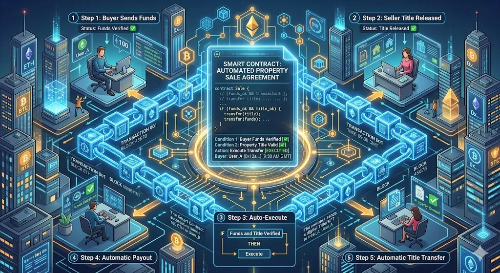 A futuristic, isometric digital diagram illustrating a 5-step automated property sale via a blockchain smart contract. The flow shows a buyer sending funds, a seller releasing the property title, the central smart contract code auto-executing, and the simultaneous automatic payout to the seller and automatic title transfer to the buyer.