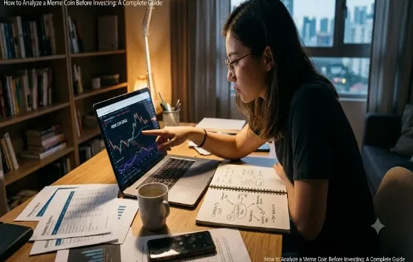 A woman analyzing meme coin market charts on a laptop alongside a notebook outlining tokenomics, community size, and liquidity pools.