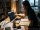 A woman analyzing meme coin market charts on a laptop alongside a notebook outlining tokenomics, community size, and liquidity pools.