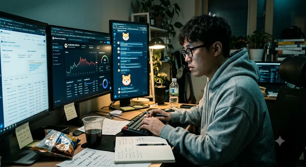 An investor analyzing meme coin data on multiple monitor screens showing crypto charts, wallet concentration metrics, and community chat channels to research a potential cryptocurrency investment.