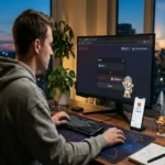 A man at his desk swapping Ethereum for MoonDog AI (MDOGAI) tokens on the Uniswap interface using a connected crypto wallet over the Base network.
