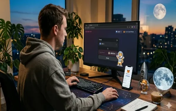A man at his desk swapping Ethereum for MoonDog AI (MDOGAI) tokens on the Uniswap interface using a connected crypto wallet over the Base network.
